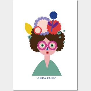 Frida kahlo, mexican painter funny cute portrait with colorful flowers Posters and Art